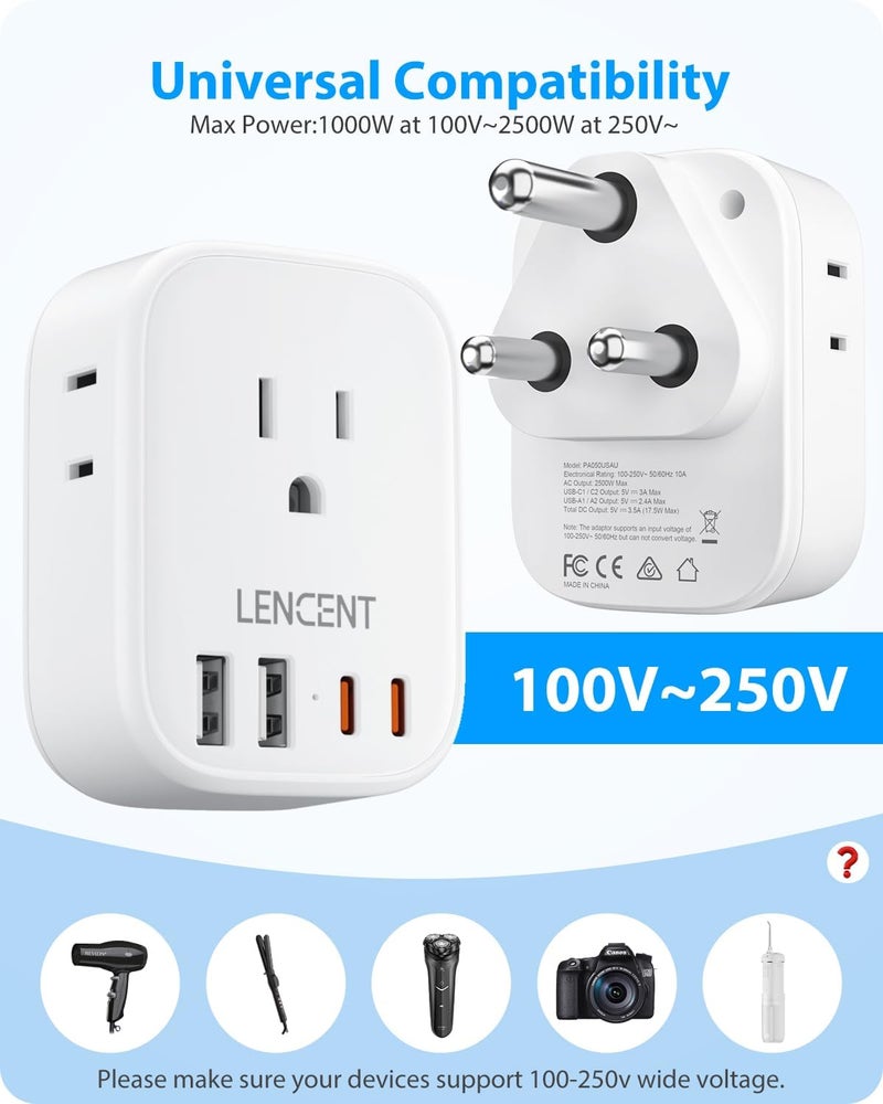 Lencent South Africa Plug Adapter, Type M Adapter For South Africa with 4 American Outlets, 4 USB Charger (2 USB C), Type M Plug Converter for US to Bhutan Botswana Namibia Zimbabwe Malaysia Sri Lanka - Image 5